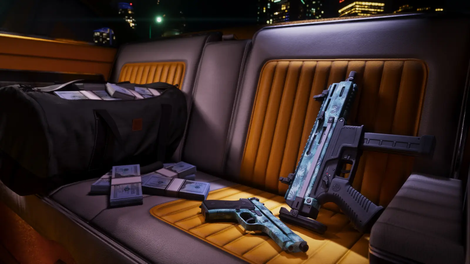 Des armes au motif tropical et un sac de billets sur la banquette de la Vapid Stanier.
