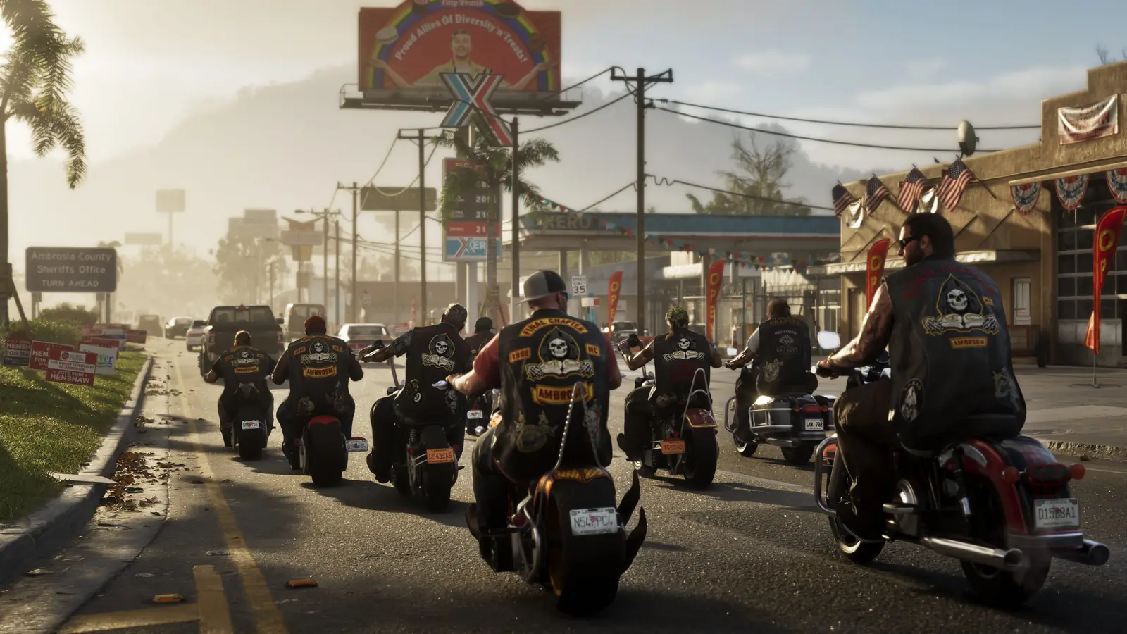 Un gang de motards en gilets de cuir assortis roule sur une route d'Ambrosia.