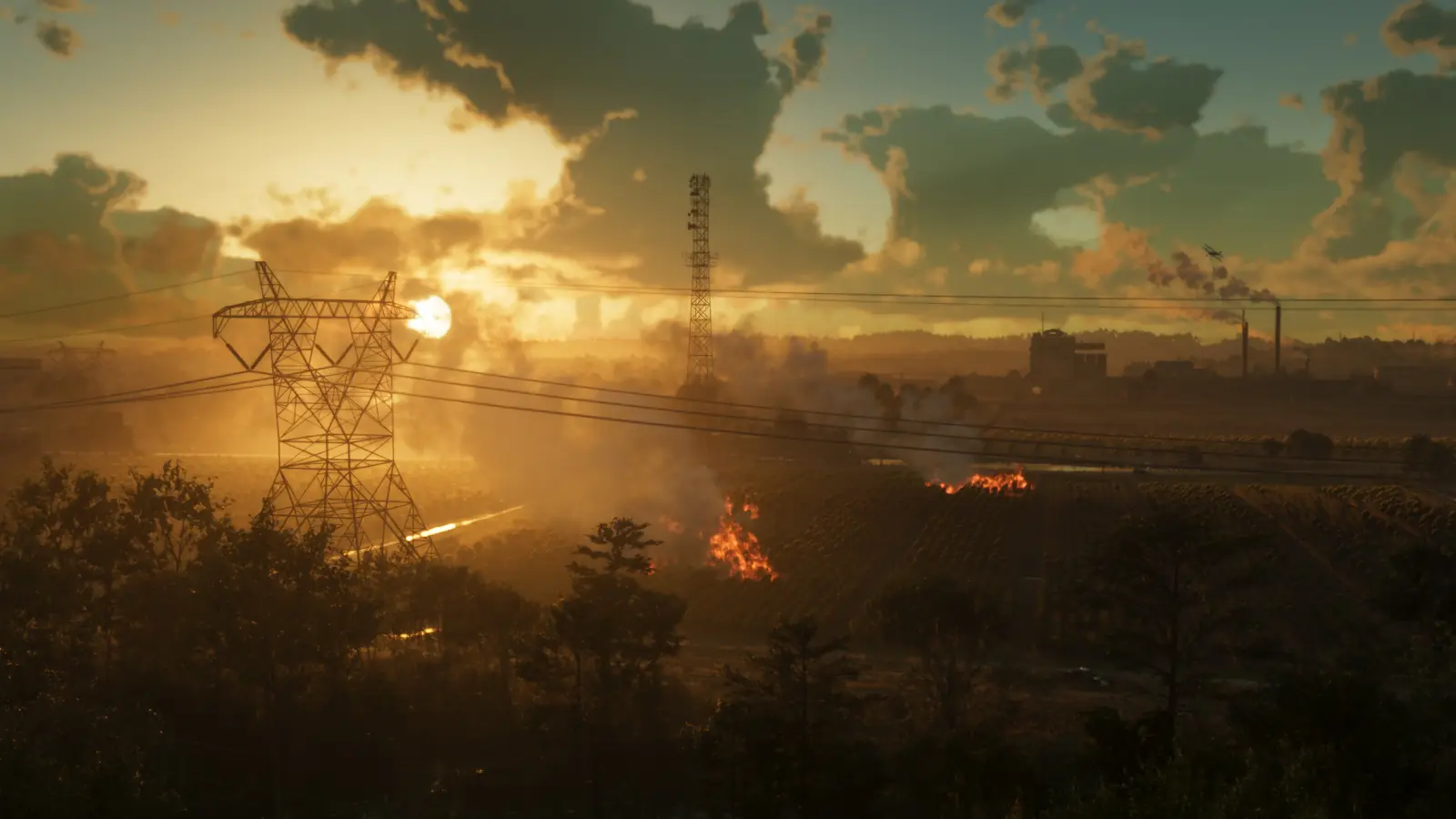 Coucher de soleil sur Ambrosia, avec des pylônes électriques et des cheminées d'usine.